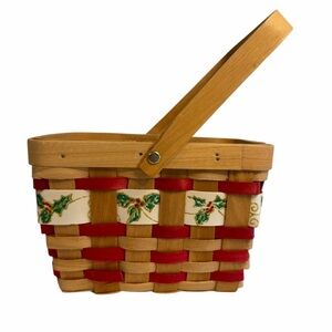 Red & Tan Woven Basket with Handle & Sparkly Christmas Holly Print